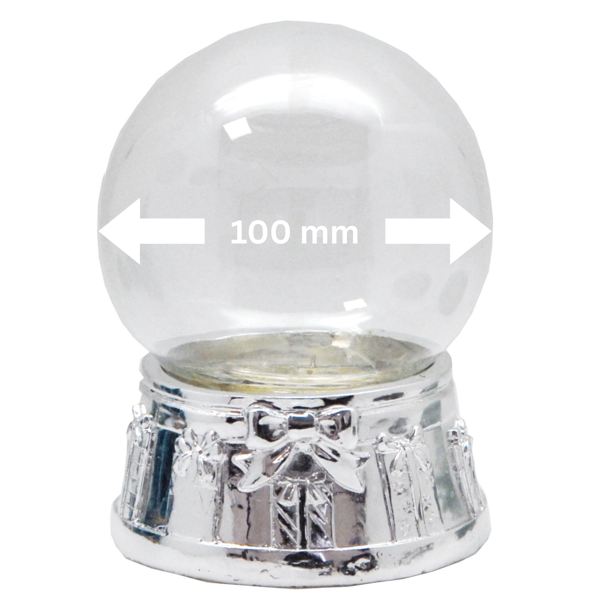 70021 DIY Snow Globe Do It Yourself with Glass Ball and Silver Base Gift Bow - Music Box Possible - 100 mm Diameter