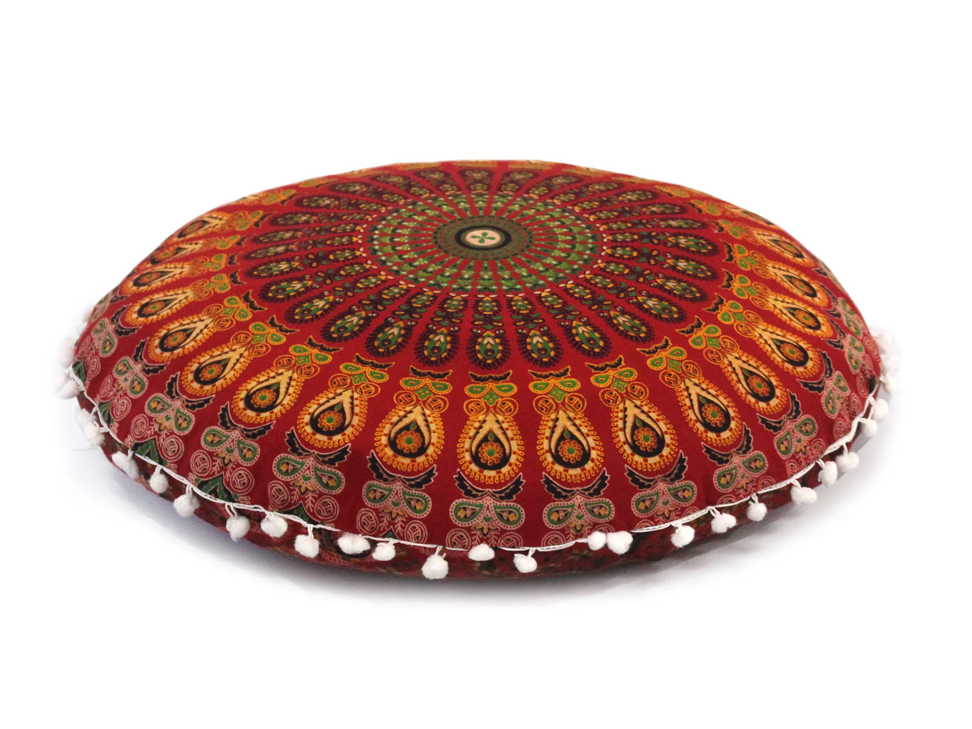 Round Mandala Floor Pillow Cover Seating Cushion Throw Cover Hippie Decorative Bohemian Ottoman Pouf Cover, Pom Pom Pillow Cases,Boho Indian 22 Inches (Red) — image 1