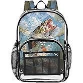 PJGINUIUA Fish Print Clear Backpack Lightweight Large Capacity See Through Bookbag Transparent Daypack Bag, 12L