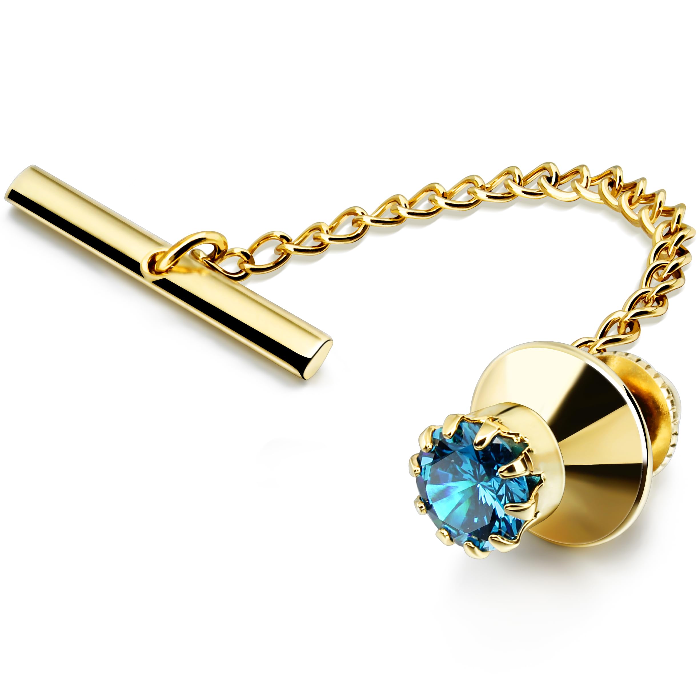 HAWSON Mens Crystal Tie Tack With Chain Gold Tie Clip Party Accessories 3 Color Options (Blue)