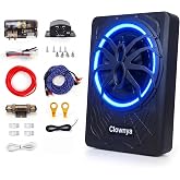 Clownya 10" 1200W Slim Under-Seat Powered Car Subwoofer with Built-in Amp | Aluminum enclosure, high and low level RCA and speaker inputs, wired remote control, blue LED light, fits truck SUV Jeep MPV