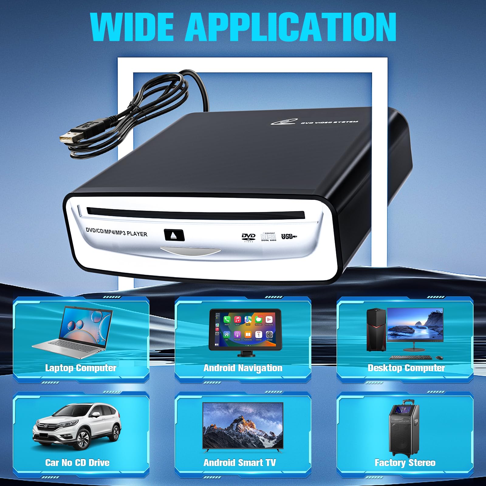 CD Player for Car with USB & AUX Ports, Upgraded Portable External CD DVD Player for Car Laptop Desktop TV Mac Computer, with Extra USB Extension Cable