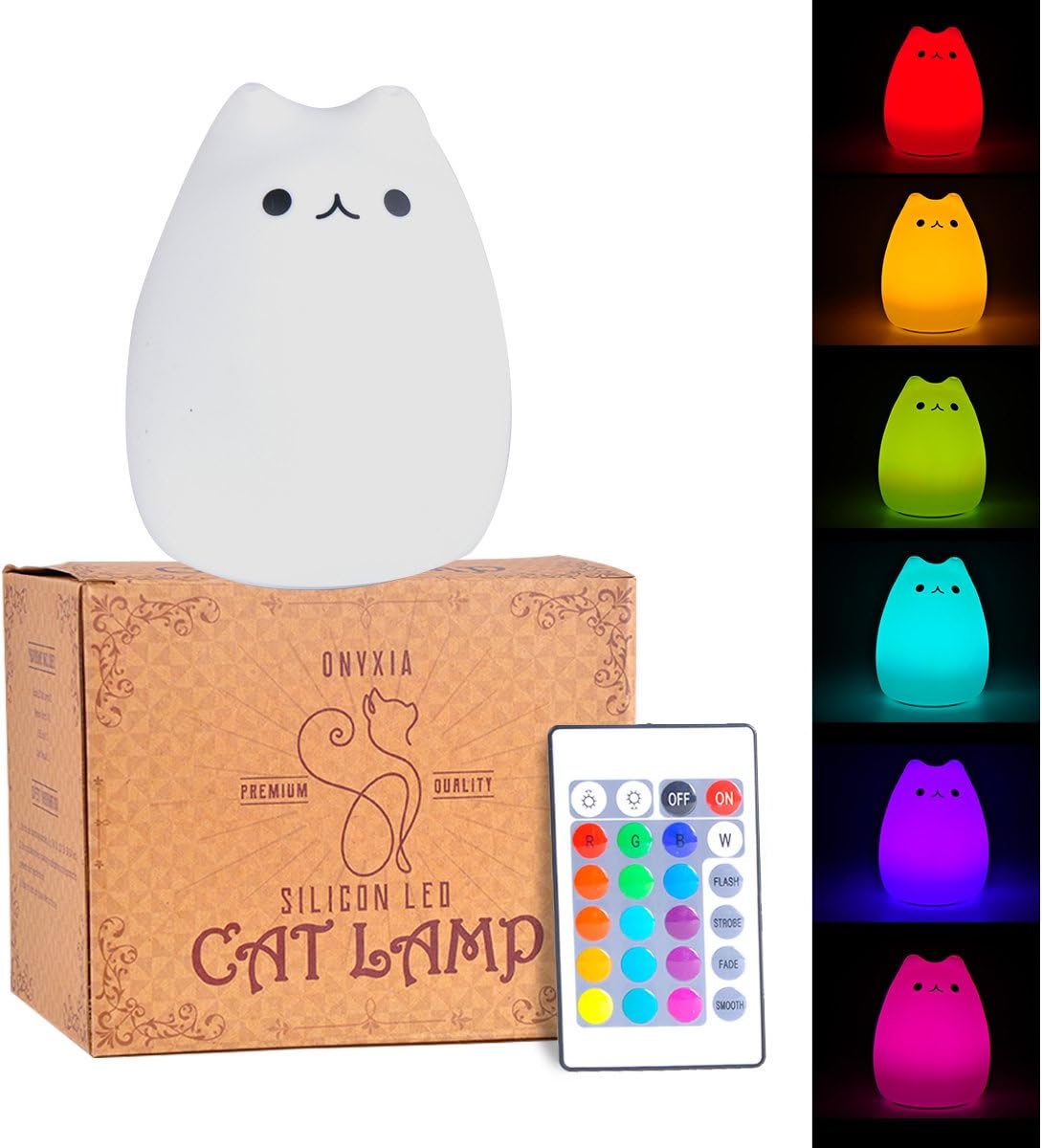 by Onyxia Color Changing Cat Lamp - Cute: Best Rechargeable Silicone LED Night Light for Kids and Adults - with Adjustable Brightness and Color Modes for a Good Night’s Sleep