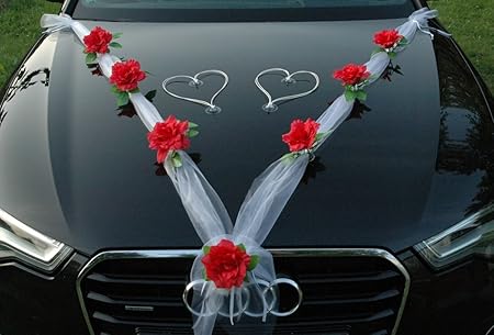 Autoschmuck Organza M + Herzen Auto Schmuck Braut Paar Rose Deko Dekoration Hochzeit Car Auto Wedding Deko Ratan (Rot/Weiß/We