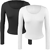 Common Stitch Women's Ribbed Long Sleeve Tops, Scoopneck Slim Fit Undershirts Knit Basic Casual Stretch Layering Tee Shirts