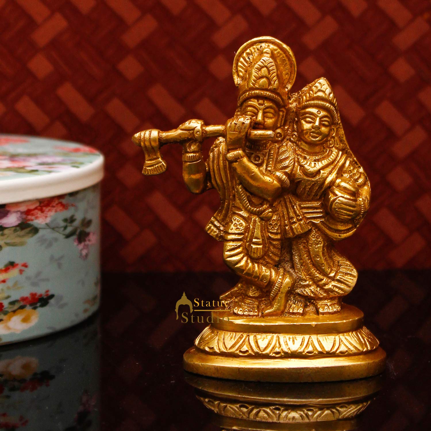 Divine Brass Radha Krishna Statue for Home Decor Diwali Showpiece Office Gift, Glossy (3 × 1 × 4 Inc