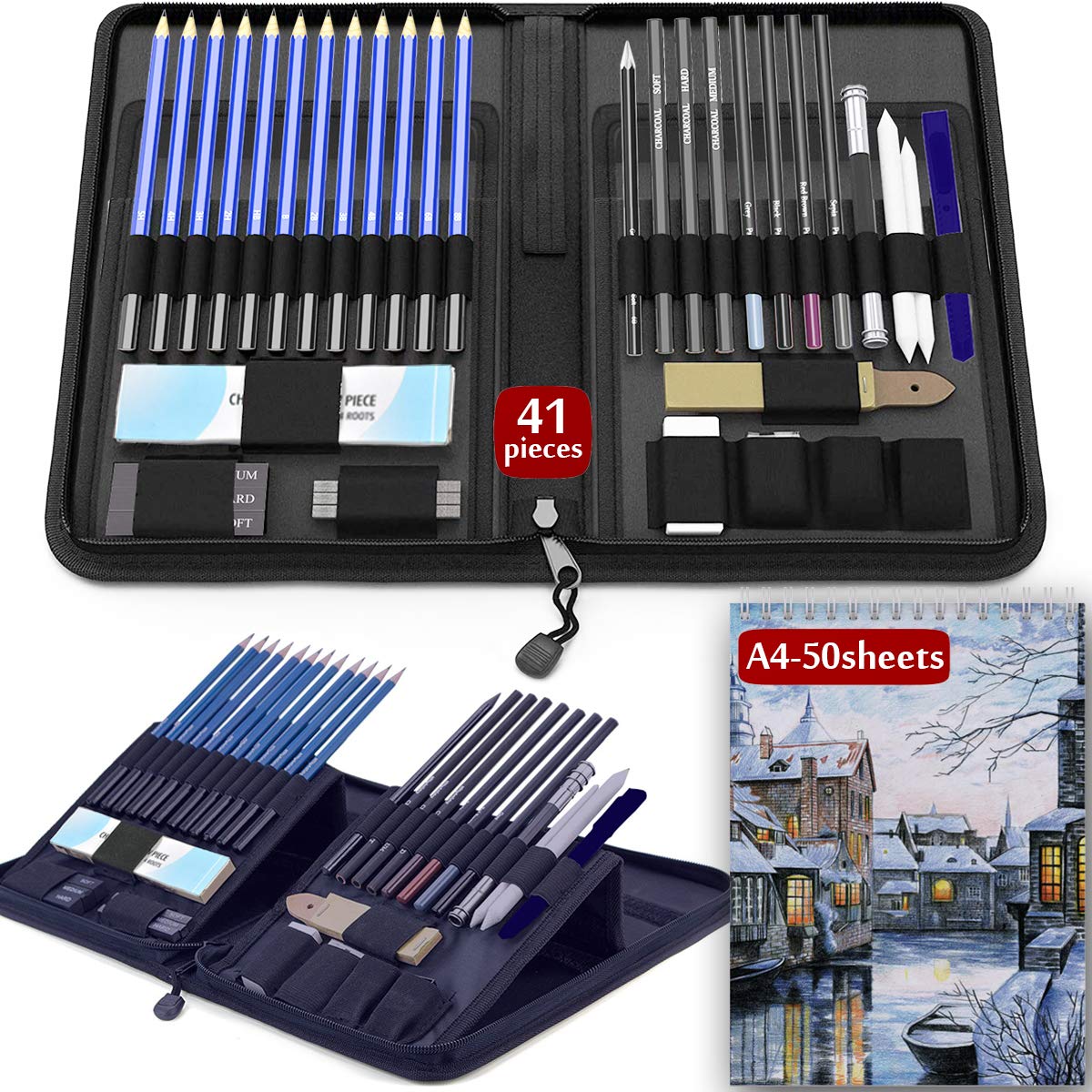 Sketch Set for Drawing with Sketch Book, 41-Piece Professional Sketch Kit and A 50-Sheet Pad for Kids, Teens and Adults, Complete Artist Kit Includes Pencils, Erasers, Pastels, A Handy Case etc