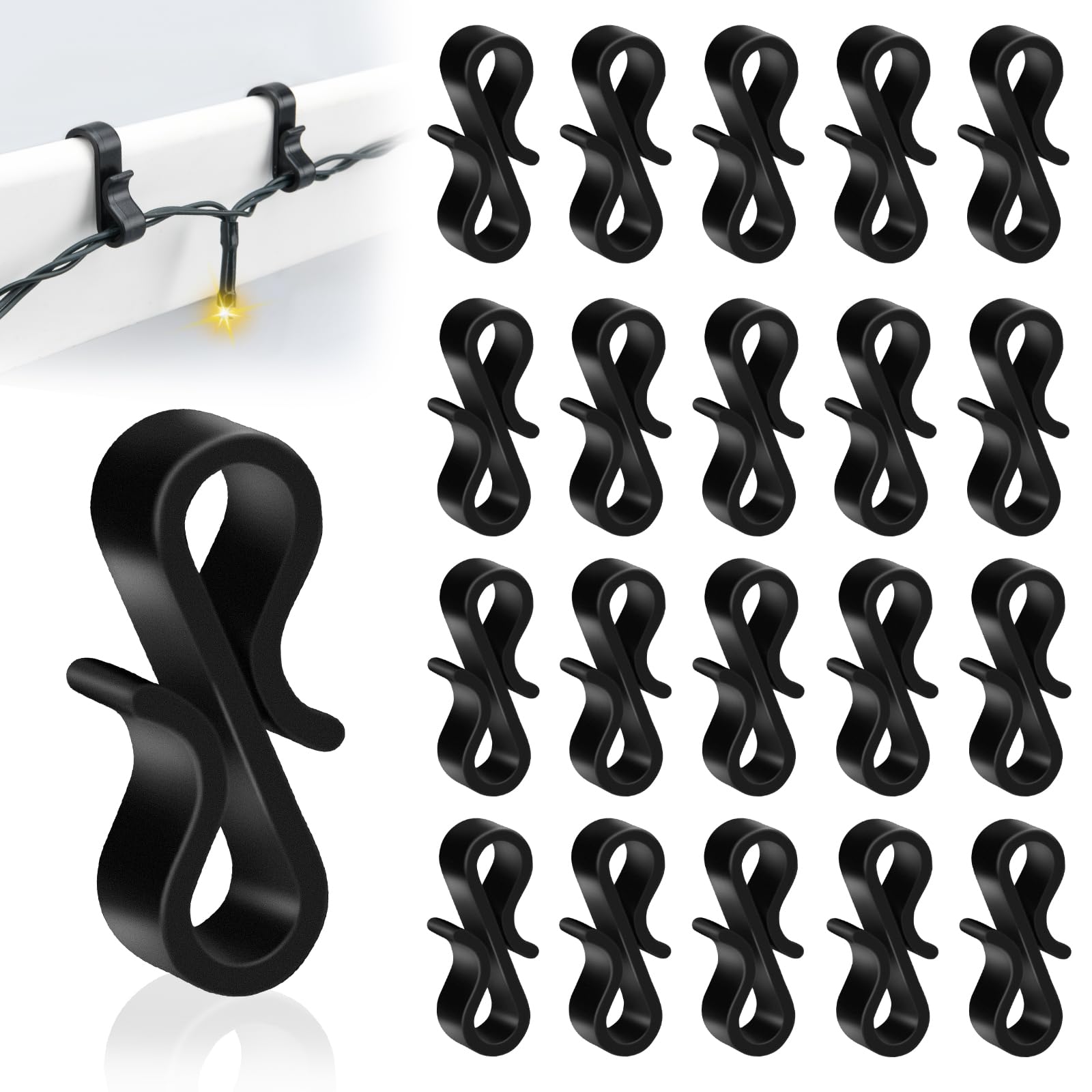 Dalugo Gutter Hooks for Outdoor Lights, 120 Pcs Black Plastic S Gutter Clips for Hanging Outdoor Christmas String Lights, Icicle Fairy Light, Christmas Tree Decorations
