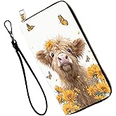 ZHJLZQAI Women's RFID Blocking PU Leather Zip-Around Wallet, Large Capacity Clutch with Phone Holder, Travel Purse & Card Organizer with Removable Wristlet,Highland Cow Butterfly Flower