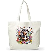 FQPJA Women Dachshund Canvas Tote Bag, Funny Gifts For Dog Lovers, Reusable Grocery Folding Shopping Tote, Aesthetic Flower Shoulder Bag, Thanksgiving Christmas Gifts For Friends Colleagues -A08