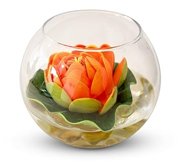 Tied Ribbons Glass Round Vessel with Faux Lotus and Natural Stones (12.49 cm x 12.49 cm x 12.49 cm), Multicolour