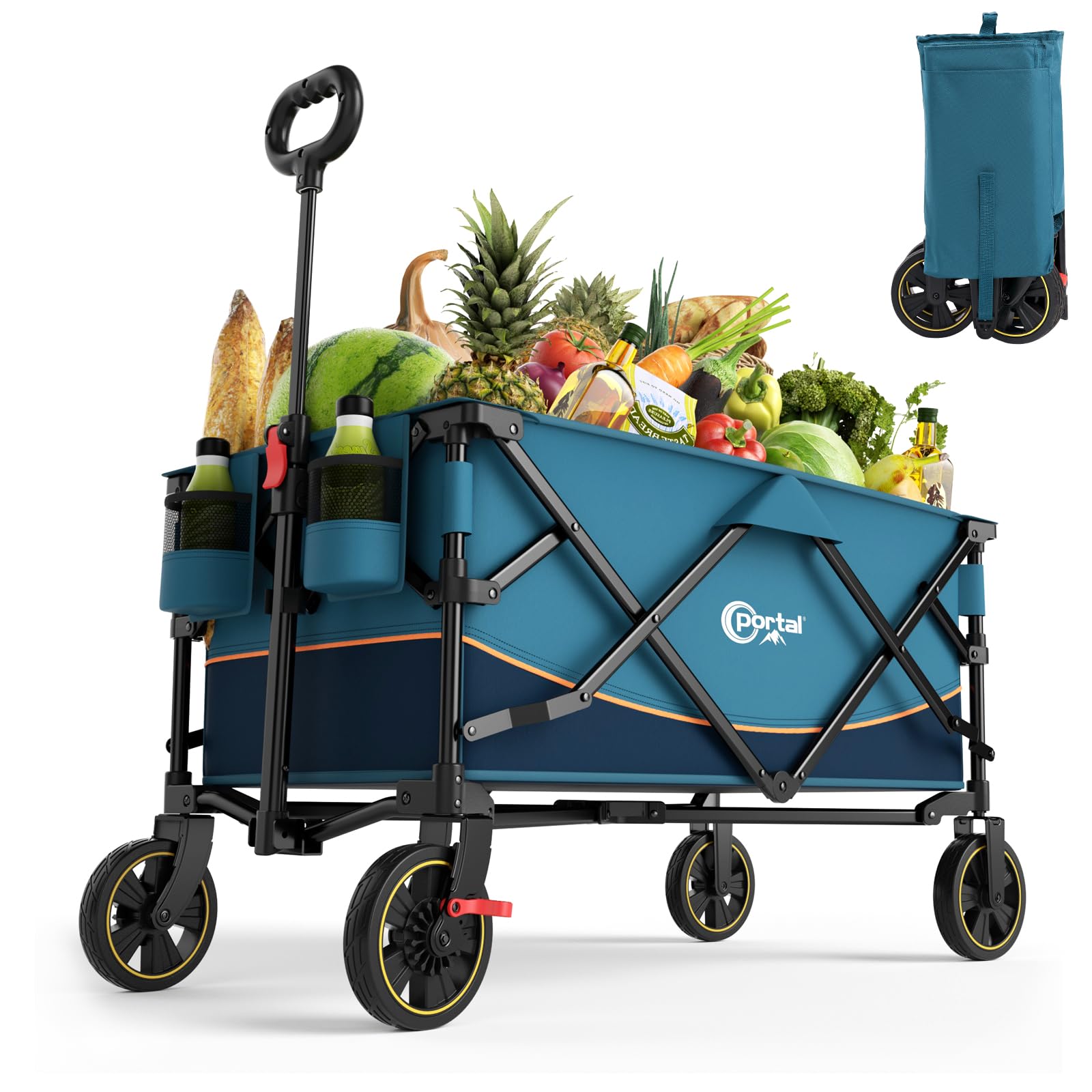 Portal Bollerwagen faltbar XXL Große Ladefläche 120kg belastbar Handwagen mit Getränkehalter Seitentasche Transportwagen Leiterwagen klappbar Strandwagen Faltwagen für Garten Camping Festival