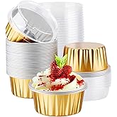 EUSOAR Disposable Ramekins, Gold 50pcs 5oz Mini Aluminium Foil Baking Cups with Lids Creme Brulee Cupcake Liners, Desert Chee