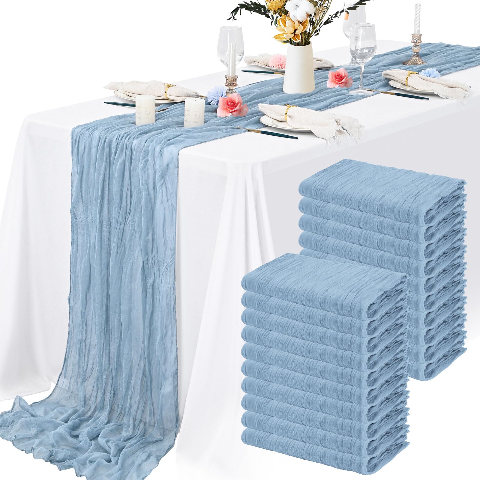Photo 1 of 20 Packs Cheesecloth Table Runner 10FT Long Boho Gauze Fabric Table Runner Vintage Rustic Sheer Runners for Wedding Party Bridal Baby Shower Table Decorations (Dusty Blue )