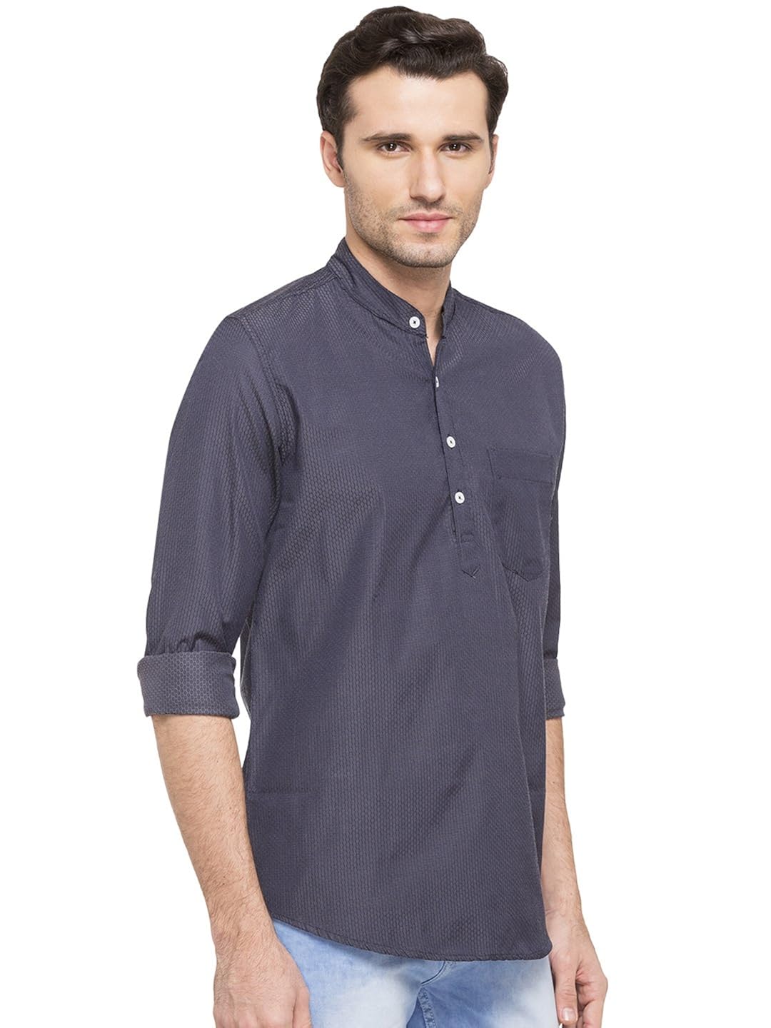 nick&jess men's ethnic wear : navy blue dobby short kurta shirt