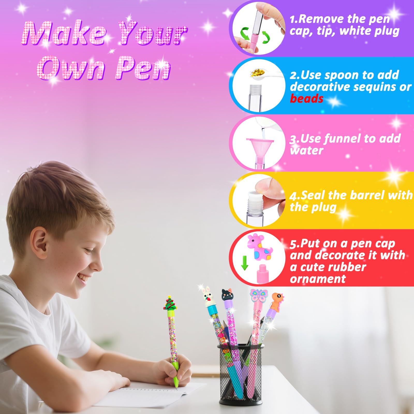 MOMUSE 50 Accessories DIY Pen Making Kit, Fun Pen Creator Studio – Making 12 Sparkly Pens with Sequins Beads, Creative Art Craft Kits Birthday Back School Gift for Kids Tweens Girls 6 7 8 9 10 Years
