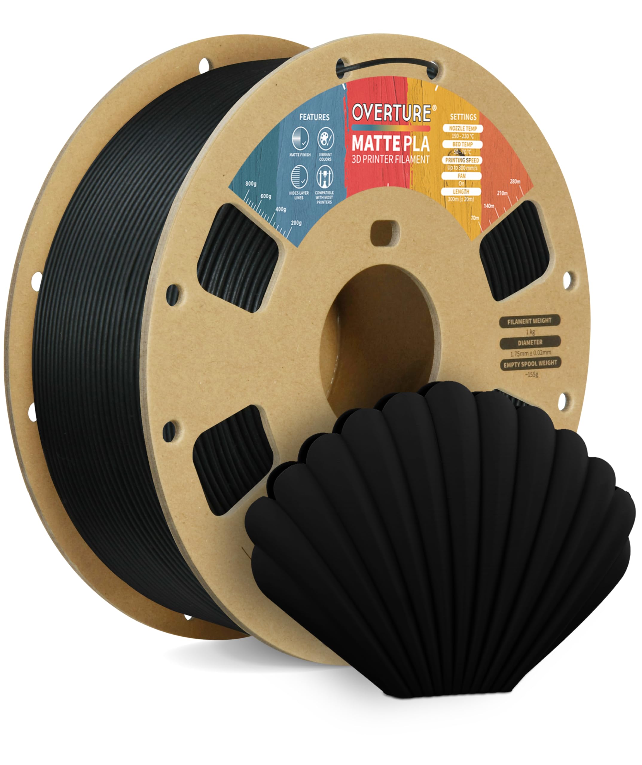 OVERTURE Matte PLA Filament Aufgerüstet 1.75 mm, 1 kg (2.2 lbs) Spule, Maßgenauigkeit +/- 0.02mm Filament für 3D Drucker (Schwarz)