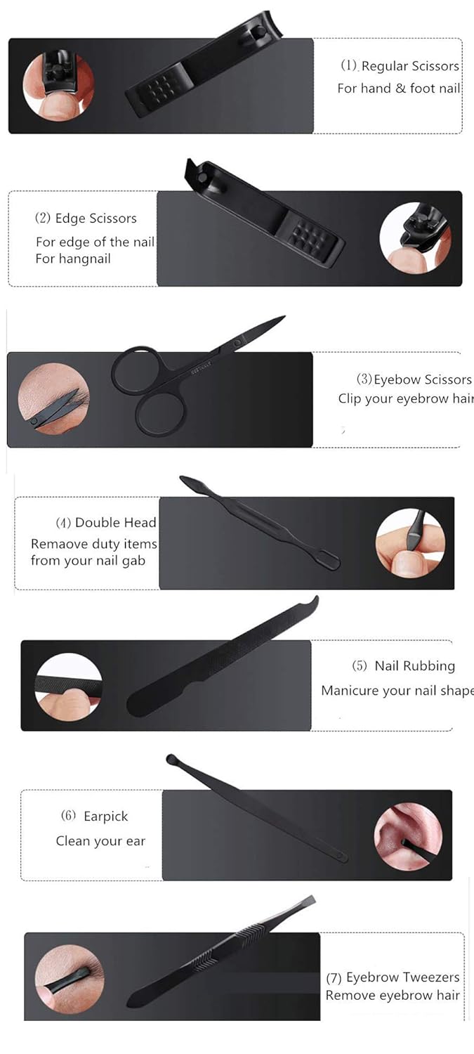 Aubcee Nail Clipper Set, Manicure, Pedicure Kit, 7 in 1 Black Stainless Steel Professional Grooming Kit with Black Leather Travel Case: Home & Kitchen