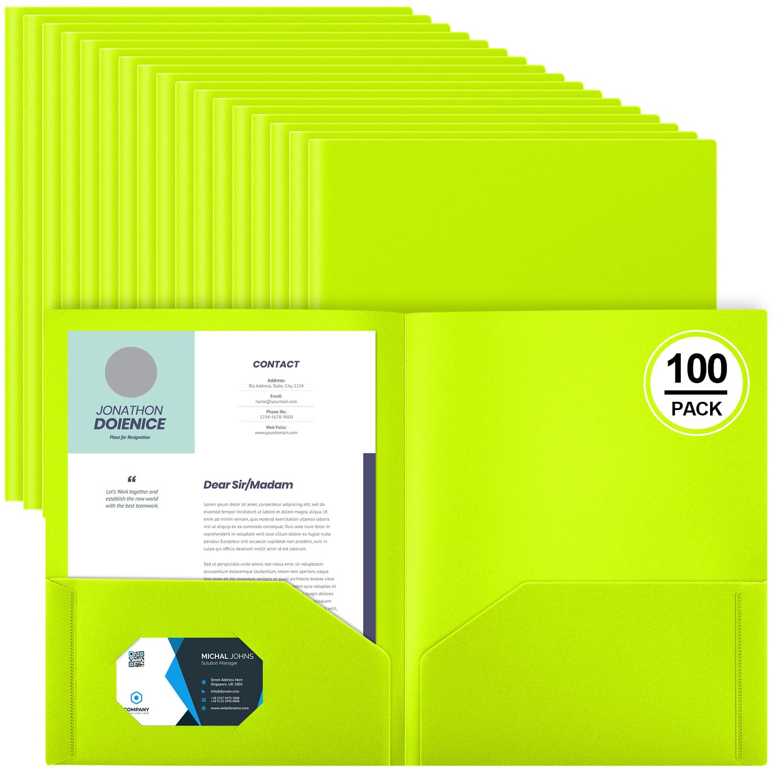 Photo 1 of Gueevin 100 Pcs Two Pocket Folders Bulk Plastic File Folder with 2 Pockets Letter Size Paper Heavy Duty Durable Portfolios Case for Home Office School Business 11.61 x 9.45 Inch (Lime Green)