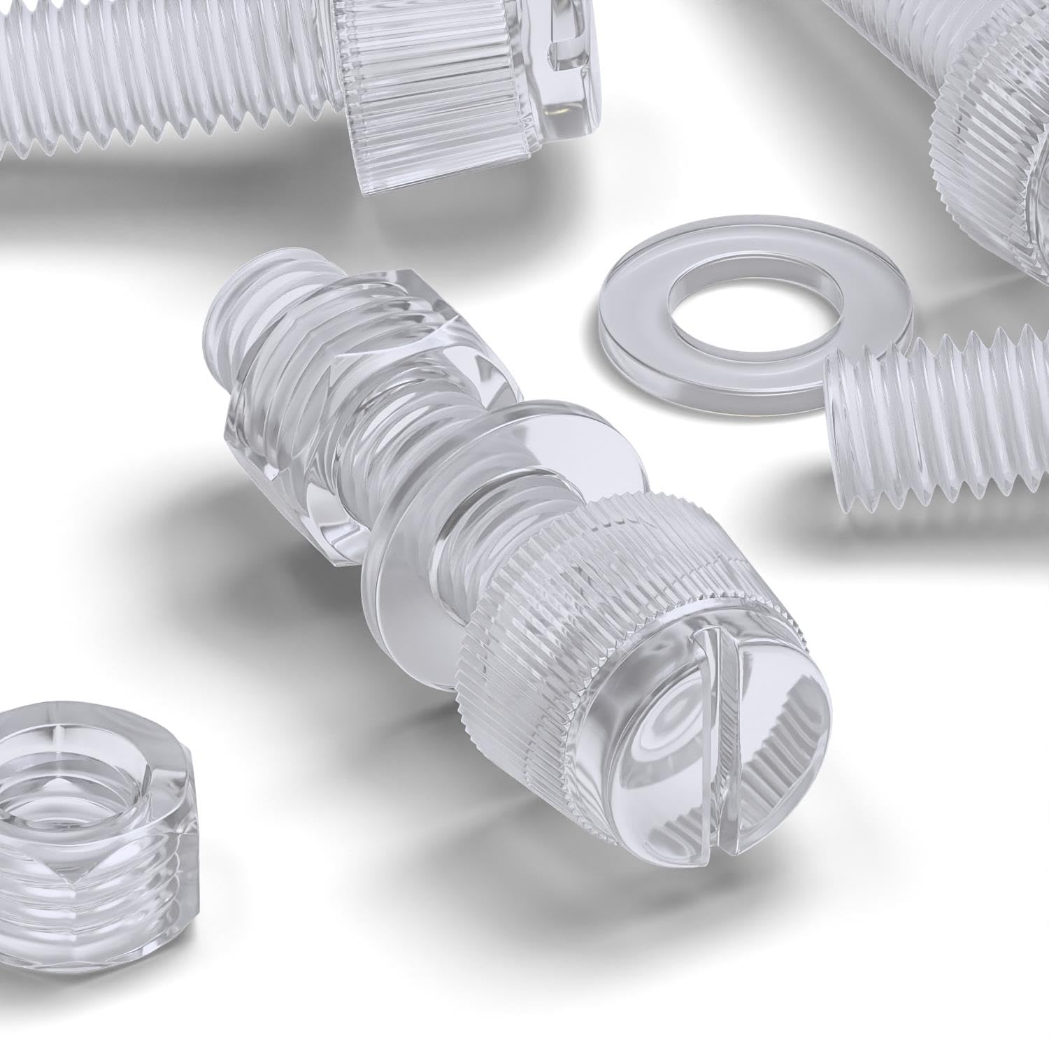 20x Transparent Clear Plastic Acrylic Thumbscrews, Slotted+knurled M6 x 20mm, Nuts, Washers & Bolts