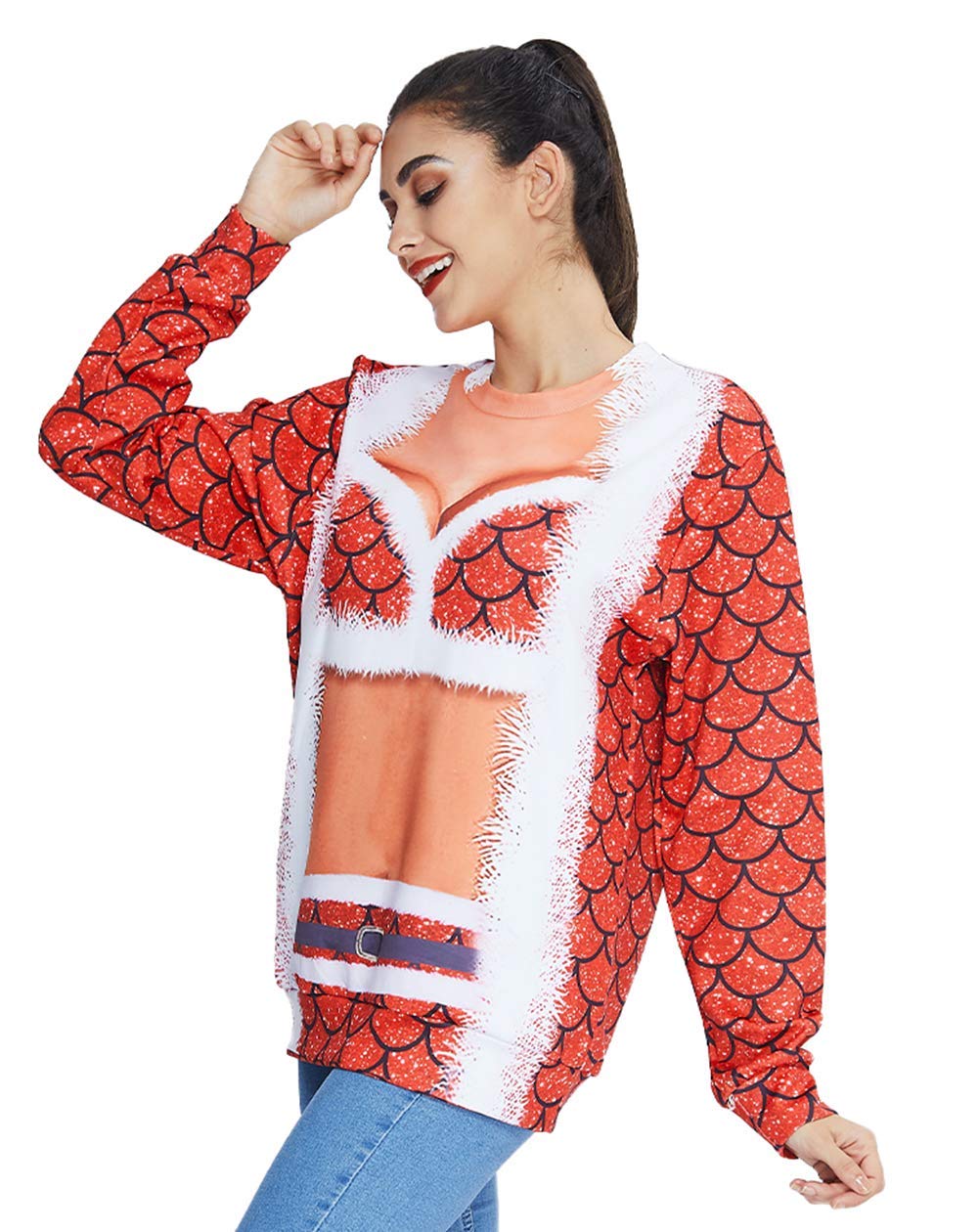 RAISEVERN 3D Fake Printed Women\'s Stylish Bikinis Pattern Xmas Crew Neck Sweater Long Sleeve Ugly Christmas Pullover for Youth Girl Ladies,Red