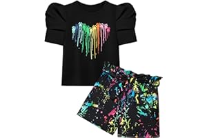 NAPU Girls Clothes, Girls Short Sets Puff Short Sleeve Shirt Tops Elastic Waist Shorts with Belt 2 Piece Girls Summer Clothes