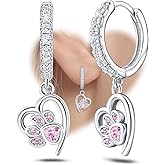 Sterling Silver Heart Print Earrings for Women - Hypoallergenic Cubic Zirconia Hoop Earrings Cute Pet Puppy Cat Dog Paw Print Loop Earring Dainty Jewelry Gifts for Her Teens Mom Wife Daughter