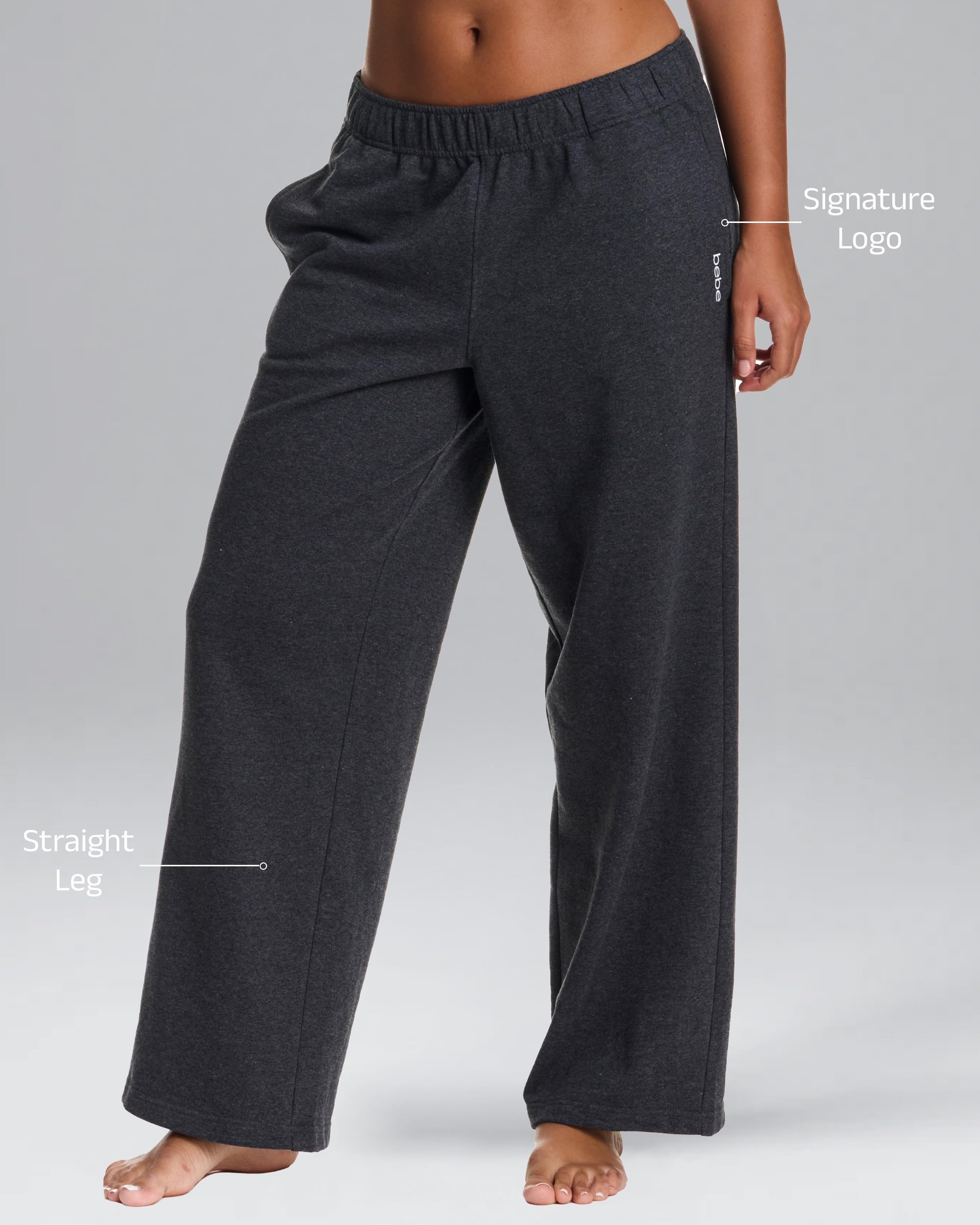 Bebe French Terry Baggy Sweatpants with Pockets, Wide Leg, Grey (Charcoal Heather, Medium)