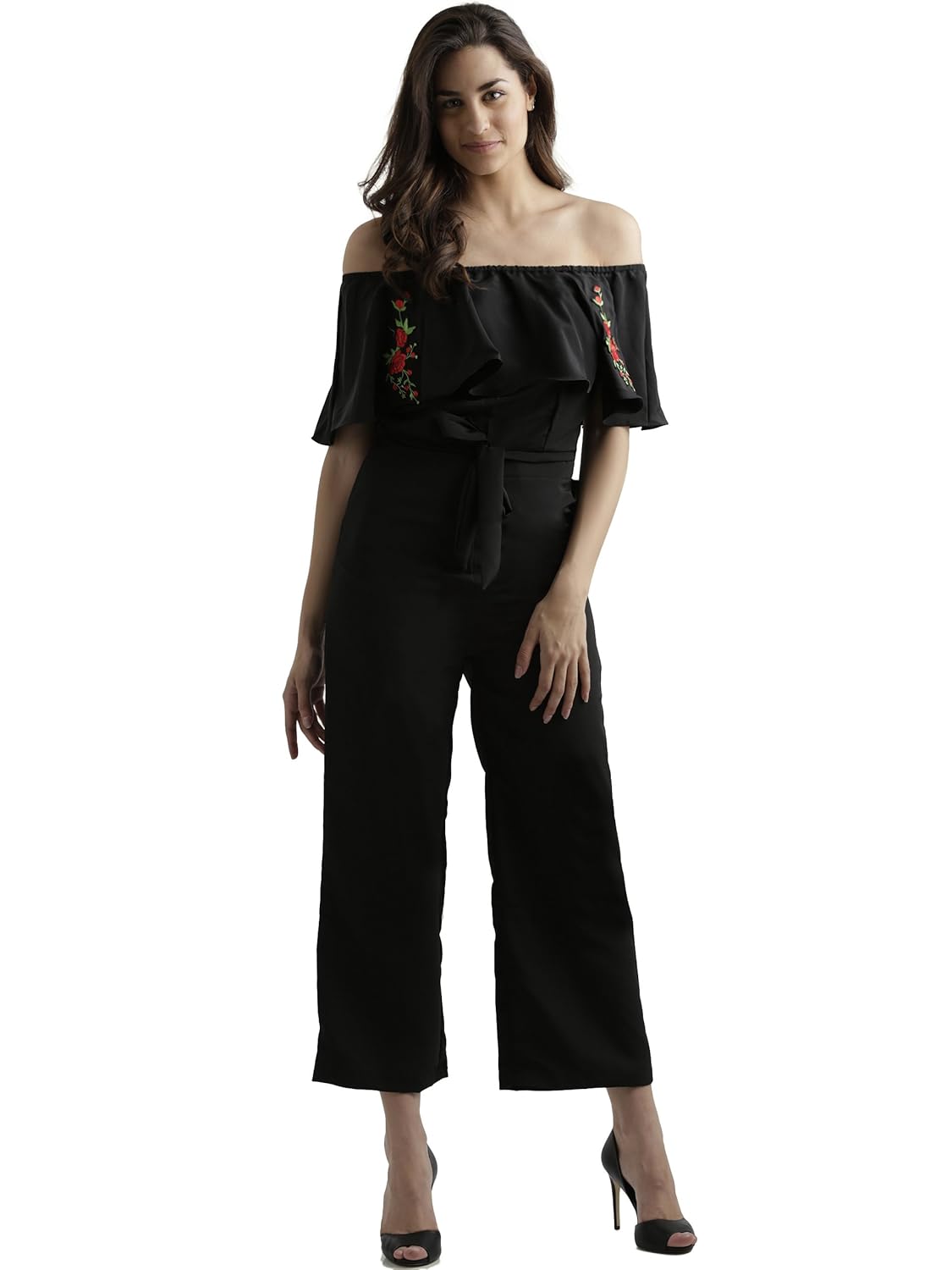 miss chase women's black off-shoulder embroidered jumpsuit