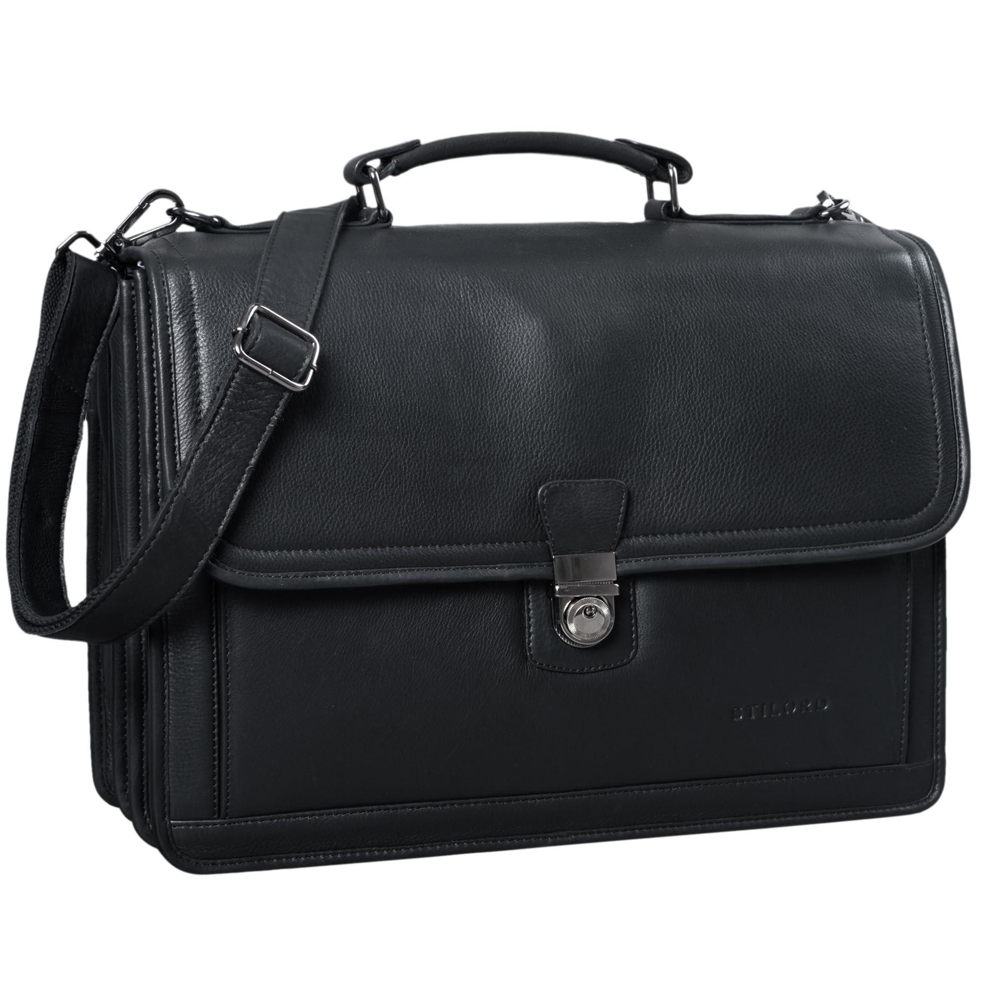 STILORD "Thaddäus" Vintage Briefcase Shoulder Bag Leather Large Business Bag with Laptop Compartment Lock and Key Colour:Black