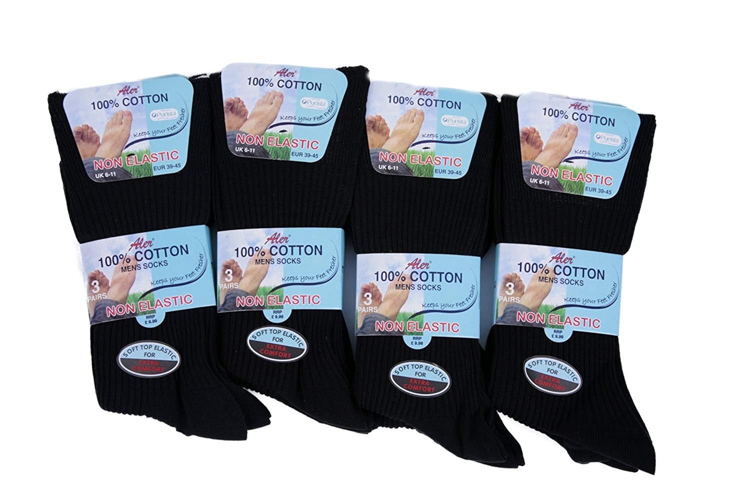 (FF 11) Mens Aler 100 Cotton NON ELASTIC Soft Top BLACK Socks Size 6