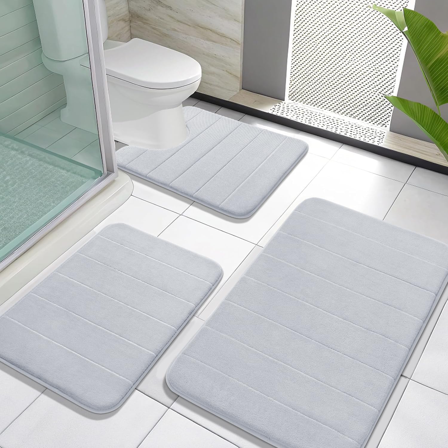 Photo 1 of Yimobra Memory Foam Bath Mat Set 3 Pieces- Super Soft Absorbent Quick Dry Bathroom Rug Sets, Machine Washable Non Slip Floor Carpet for Tub Shower, Vanity & Toilet Base, Silver