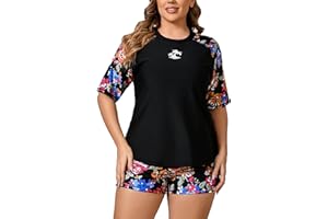 JOYBIK Women Plus Size Short Sleeve Rash Guard Sets with Built in Bra UPF50+ Swim Shirt and Shorts Two Piece Swimsuit