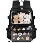 SUSTRALO Large Black Ita Bag with Insert Pin Display Laptop Work Backpack | Kawaii Clear Window Daypack with Laptop Sleeve &amp; Mesh Texture Insert for College Travel Anime Cosplay Kpop, (No Pins)