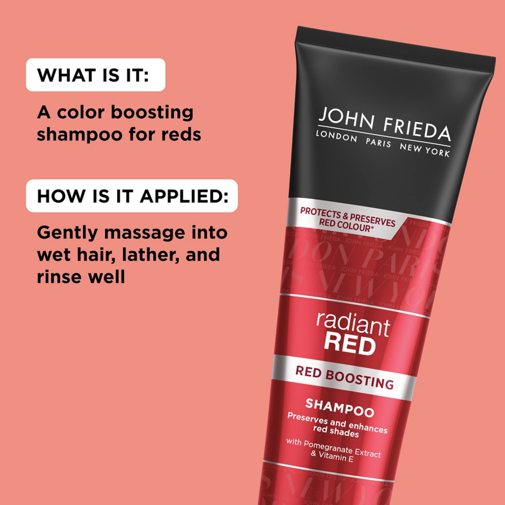 John Frieda Radiant Red, Color Boosting Shampoo, Enhances, Protects, & Hydrates with Pomegranate Extract and Vitamin E for Natural or Color-Treated Hair, 8.3 Oz
