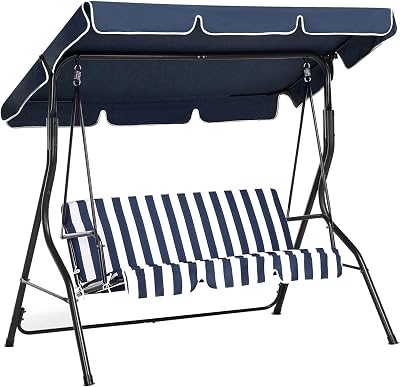 Beliani 3 Seater Outdoor Garden Swing with Canopy - Blue & White Cushions