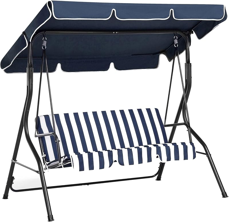 Beliani 3 Seater Outdoor Garden Swing with Canopy - Blue & White Cushions