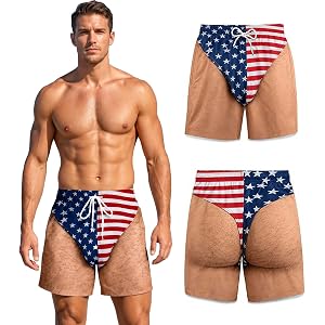 STYQUAL Men's Swim Trunks Funny Hairy Butt Cheek Gag Beach Shorts | Funny 3D Hairy Skin Print Beach wear with Mesh Liner & Po