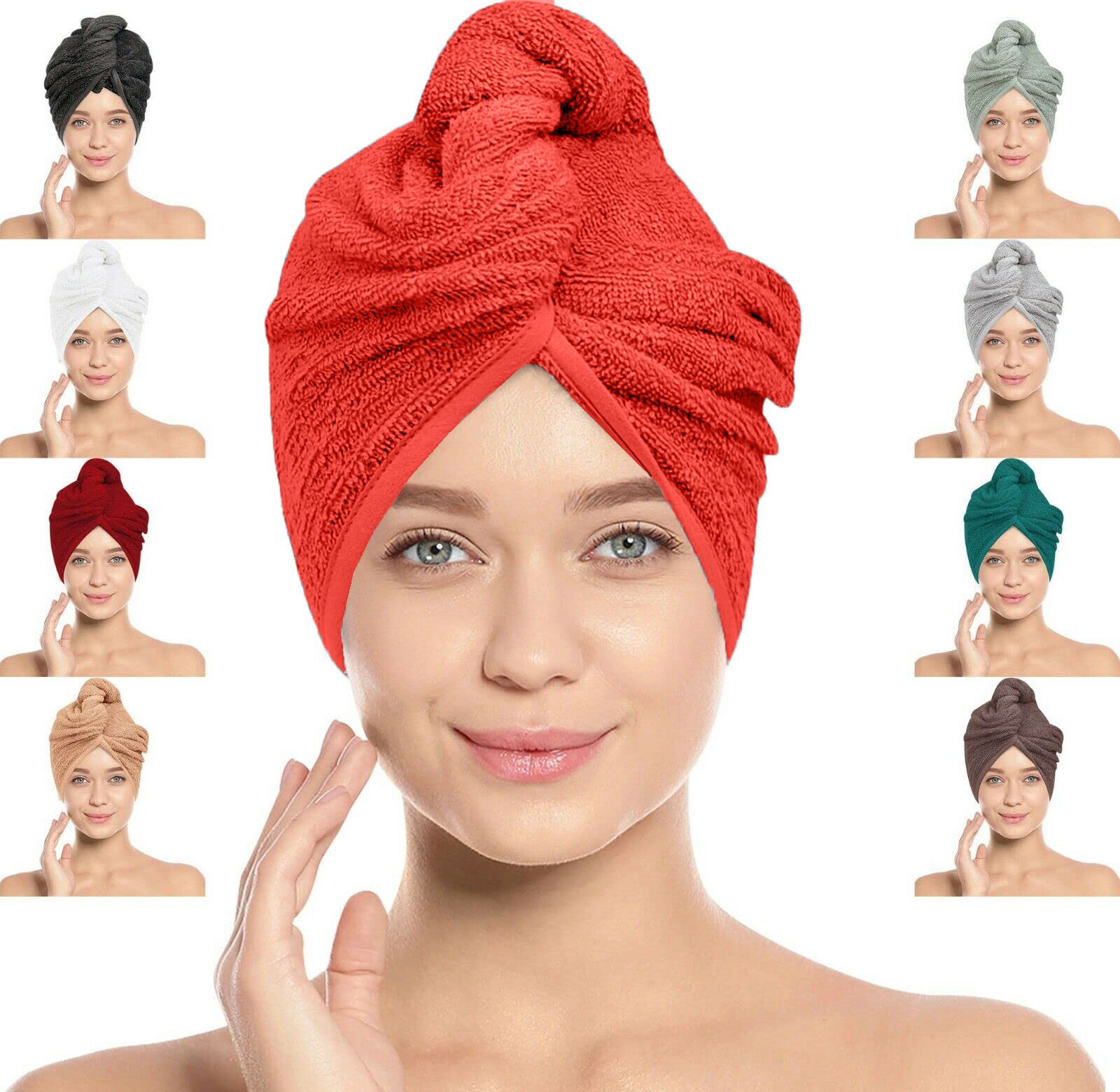 LOOM KNIT Hair Towel Wrap Lightweight Turban, Instant Drying 100% Cotton Hair Cap Super Quick Absorbent Anti-Frizz Twist Toweling Dry Hat with Button and Loop for Long Curly Hairs, 64 x 24CM, Orange