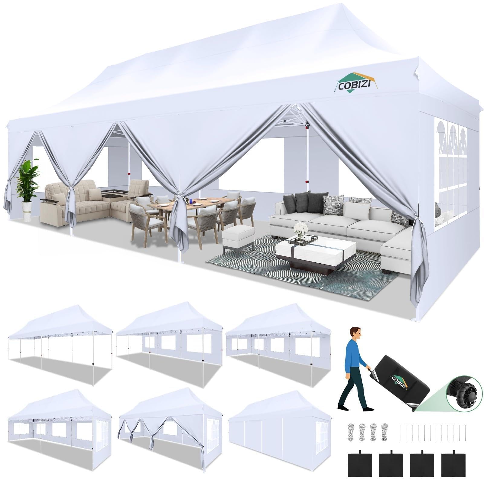 Photo 1 of COBIZI Canopy Tent 10x30 Pop Up Canopy with 8 Removable Sidewalls Party Tents for Parties Wedding Patio Commercial Waterproof and UV50+ Ez Outdoor Instant Gazebo with Roller Bag & 4 Sandbags?White