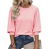 Cicy Bell Womens 3/4 Puff Sleeve Sweater Tops Fall Casual Crew Neck Lightweight Knit Pullover Loose Fit Scallop Trim Sweater