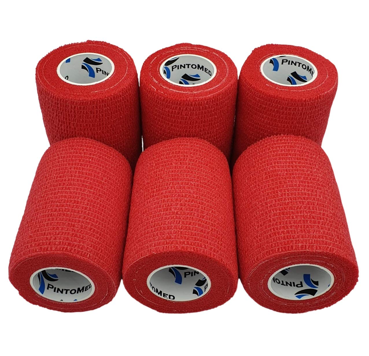 PintoMed – 6 x RED x 7.5cm x 4.5m Cohesive Bandage Stretched, Self-Adhesive Flexible Bandages, First Aid Sports Wrap Bandages Pack Individually for Medical, Sports and Veterinary use.