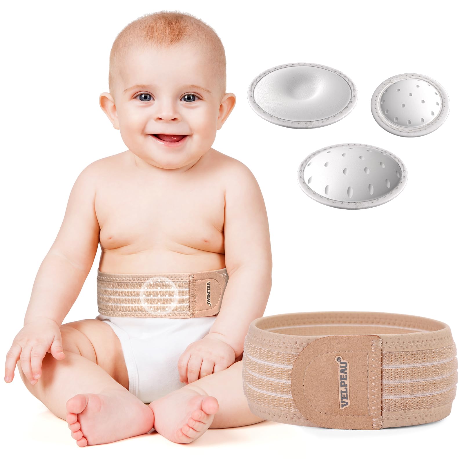 Photo 1 of Velpeau Umbilical Hernia Belt Baby Newborn -with 3 Different Shaped Compression Pads, Belly Button Navel Band Wrap Truss Abdominal Binder Support for Infant, Children, Toddler, Kids (Khaki-Reg)