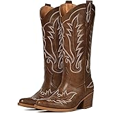 Fioralie Suede Cowboy Boots for Women Western Mid Calf Cowgirl Boots with Embroidered, Retro Snip Toe Fashion Boot With Chunky Block Heel Summer Fall Country Music Festival Cowboy Chic