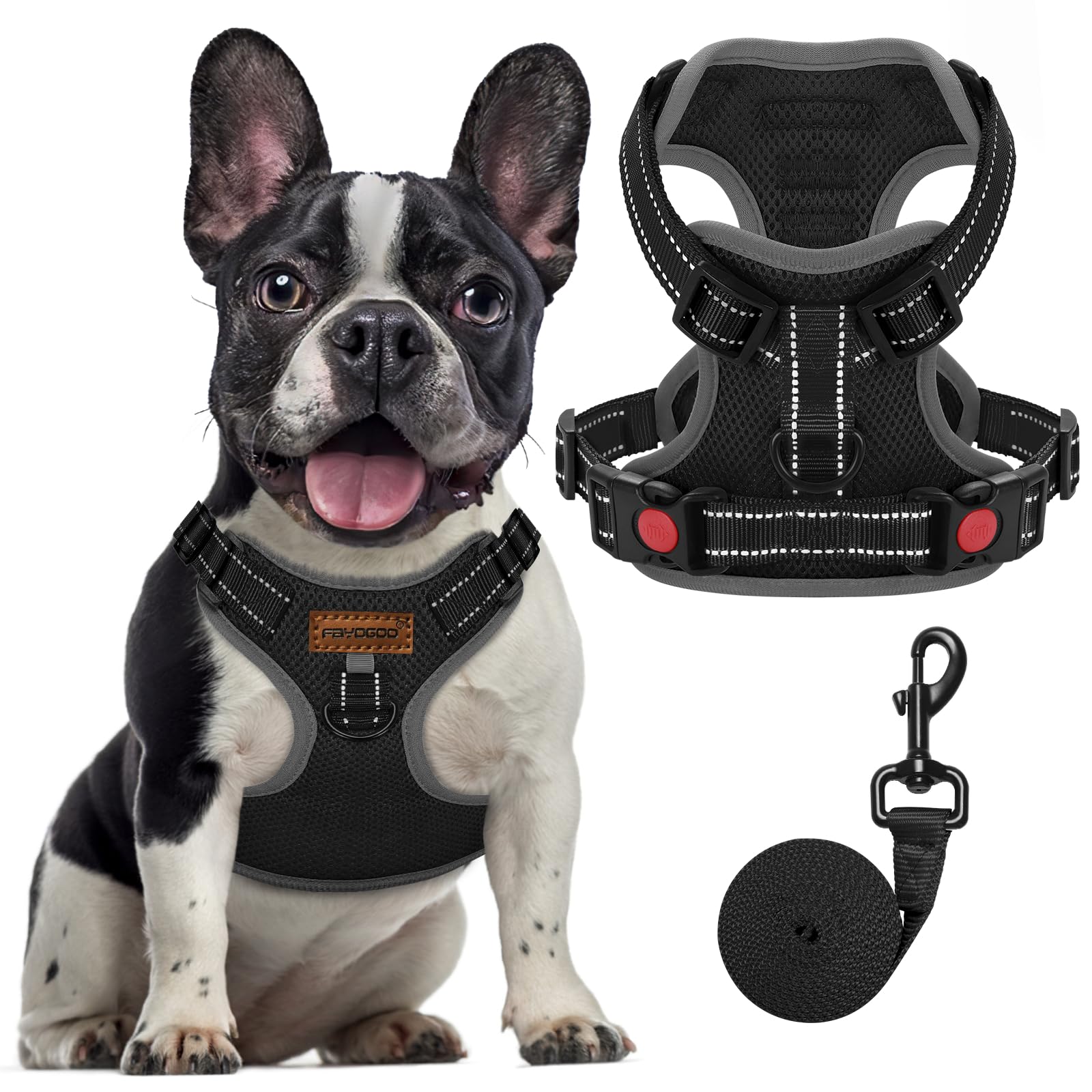 FAYOGOO Dog Harness Medium, No Pull Vest Harness with 2 Clips Training Anti Pull, Adjustable Soft Padded Reflective No Choke with Easy Control Handle for Training or Walking, Black,S