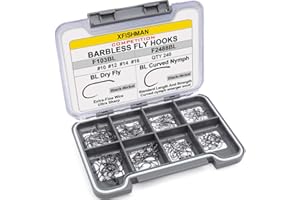 XFISHMAN Fly-Hooks-for-Fly-Tying-Dry-Wet-Barbless-BL-Nymph-Flies Curved Czech Scud Fishing Hooks 10# ~16# Assortment Pack of 100-240 Hooks with Box