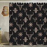 Western Aztec Shower Curtain for Bathroom Boho Cactus Bull Skull Cow Longhorn Skullhead 72x72 Inch Black Shower Curtains Western with Hooks Waterproof Polyester Curtain (Black Gold Bull Skull)