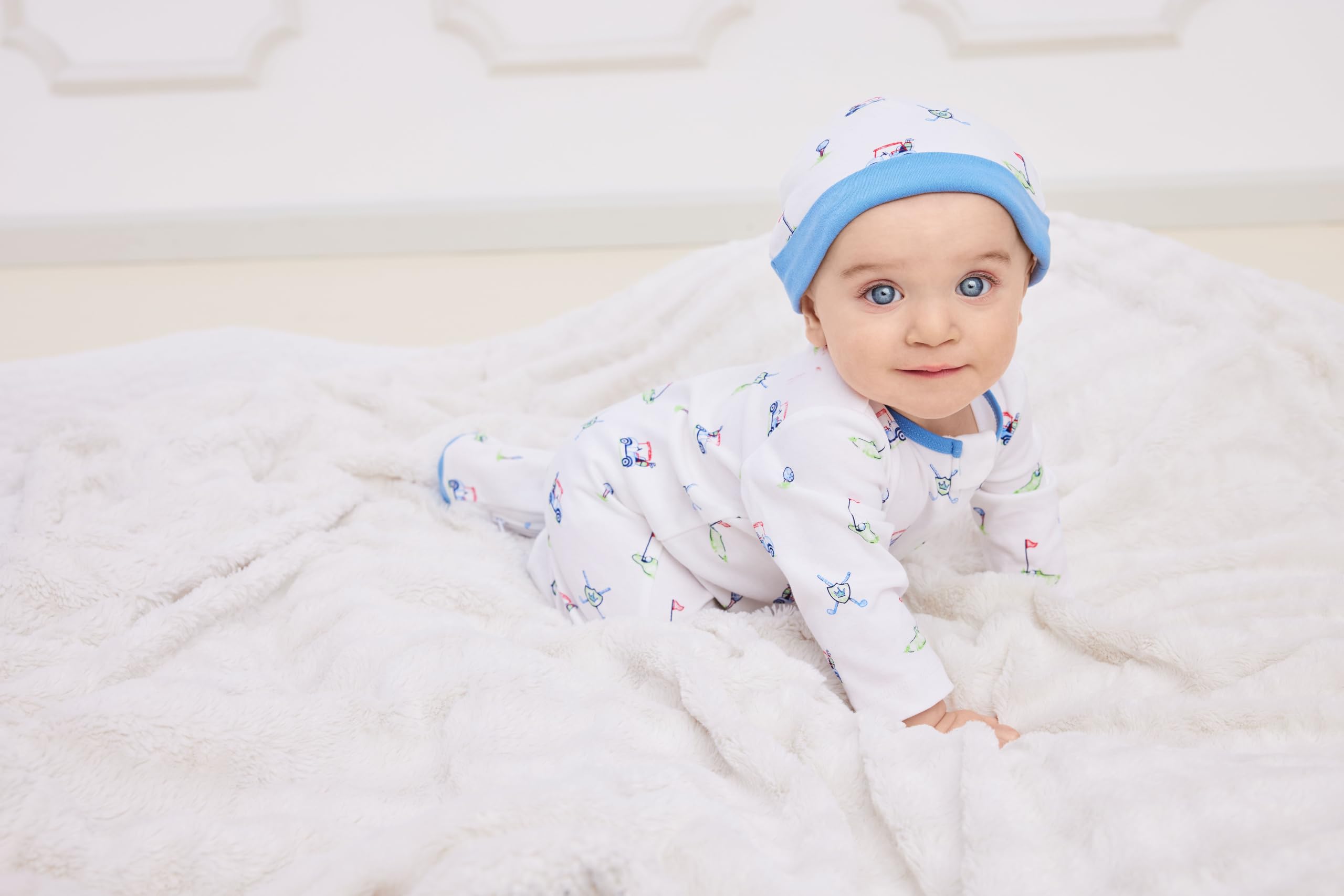 Little Me Baby Boy Clothes 2-Piece Baby Sleeper and Cap Set, 100% Cotton Footies Baby Essentials, Preemie to 9 Months