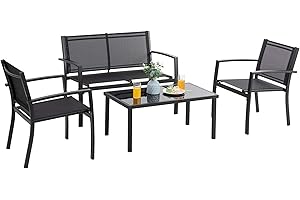 Vongrasig 4 Pieces Patio Furniture Sets,Outdoor Patio Conversation Sets with Glass Coffee Table, Small Porch Balcony Furniture, Patio Table and Chairs Set for Garden, Backyard (Black)
