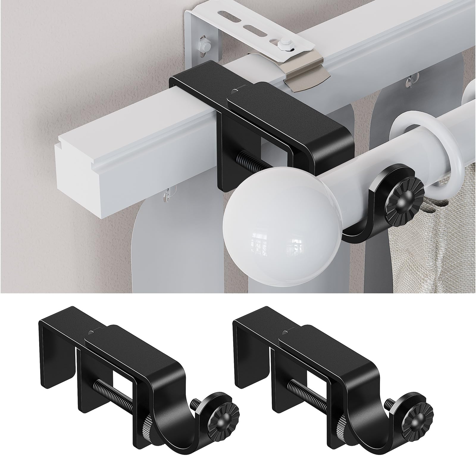 Outside Mount Blinds Curtain Rod Bracket Attachment – ONLY Fit 1"–2" Wide Rectangle Headrail – NOT Compatible with 2"–3" – No Drill No Tools Required (Black 2 Pack, 1" to 2")